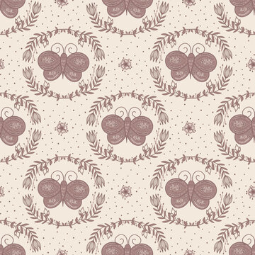 Beige and muted pink folk pattern with butterflies and flower wreaths. Vintage countryside and boho vibe design. Cute, and simple symmetrical cottage-core pattern. Fine line work is elegant yet rustic