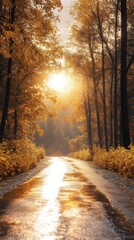 Fototapeta premium Autumn road reflecting sunlight creating magical scene