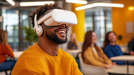 A diverse group of professionals, all wearing VR headsets, are engaged in a collaborative task in a modern co-working space. The VR headsets and the interaction between the group members.