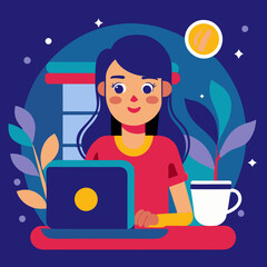 Woman Working on a Laptop at Home with a Cup of Coffee
