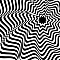 Black and white optical illusion psychedelic abstract flower pattern, isolated on white background.