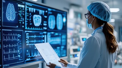 A healthcare professional using AI-driven diagnostic tools to analyze patient data in a hospital. The background features advanced medical equipment and technology, emphasizing the role of AI in