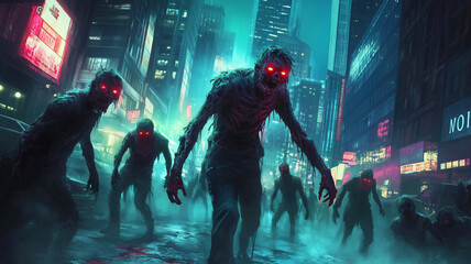 Fototapeta premium A horde of decaying zombies wander through a deserted city at night