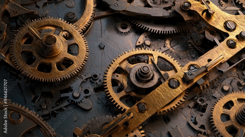 Poster Close-up of Interlocking Gears in a Complex Mechanism