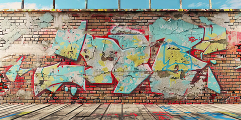Fototapeta premium A brick wall adorned with peeling paint and vibrant graffiti, adding depth and character to an industrial-inspired scene.