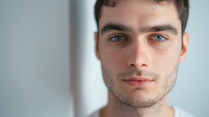 Fototapeta premium A striking portrait background with a white backdrop highlighting a person's features, emphasizing the sharpness and contrast of their expression, and drawing attention to their unique