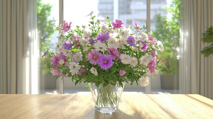   A vase of flowers sits on a table, framing a window view of the house's exterior