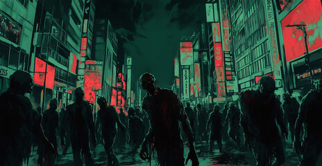 Fototapeta premium A horde of decaying zombies wander through a deserted city at night