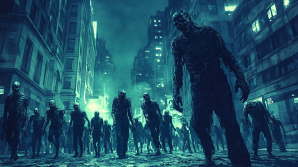 Fototapeta premium A horde of decaying zombies wander through a deserted city at night