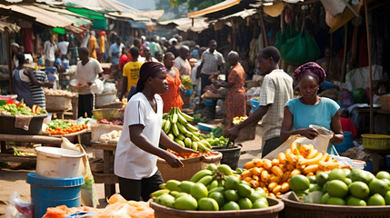 Vibrant and bustling daily life snapshot of a Fruits and Vegetable market in Ghana