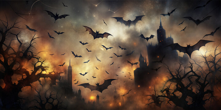 Grunge Background with Bat Silhouettes, Dark Halloween Theme with Copy Space
