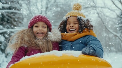 Two children enjoying a snowy day while sledding in a winter park, laughing together under falling snowflakes