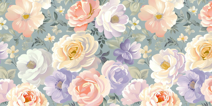 Fototapeta A patterned wallpaper featuring a floral motif in muted pastel colors, creating a feminine and soothing ambiance in a living space.