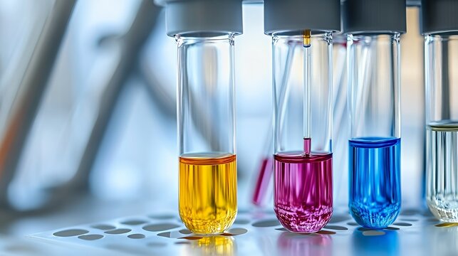 Test tubes with colorful liquids in a laboratory setting, indicating scientific experimentation.