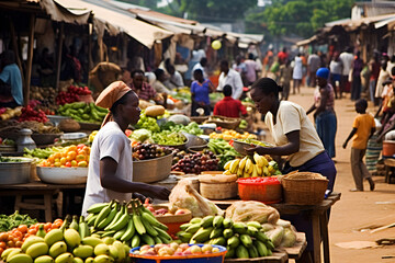 Vibrant and bustling daily life snapshot of a Fruits and Vegetable market in Ghana