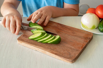 Child cuts cucumber for salad.