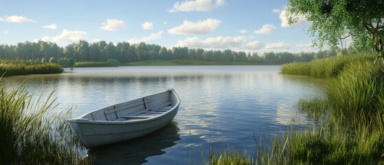 Obraz premium A White Rowboat Moored in a Tranquil Lake with Lush Greenery and a Blue Sky