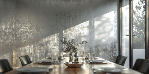 A textured wallcovering with a metallic finish, reflecting light and adding dimension to a contemporary dining room or living space.