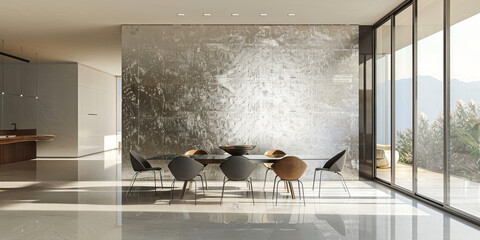 A textured wallcovering with a metallic finish, reflecting light and adding dimension to a contemporary dining room or living space.