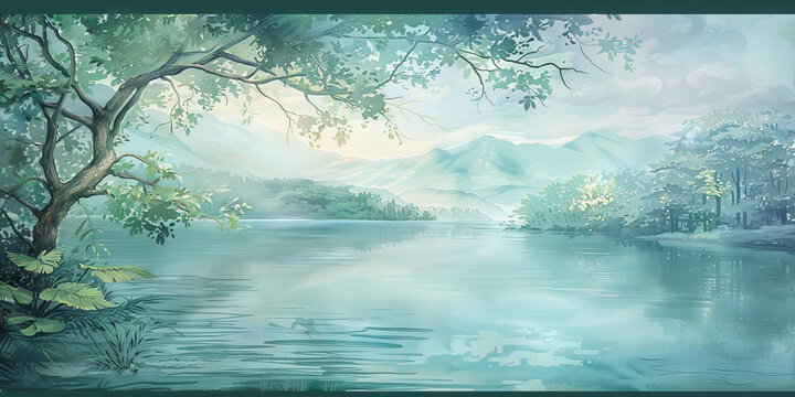 A hand-painted mural depicting a serene nature scene, bringing a sense of calm and tranquility to any interior setting.