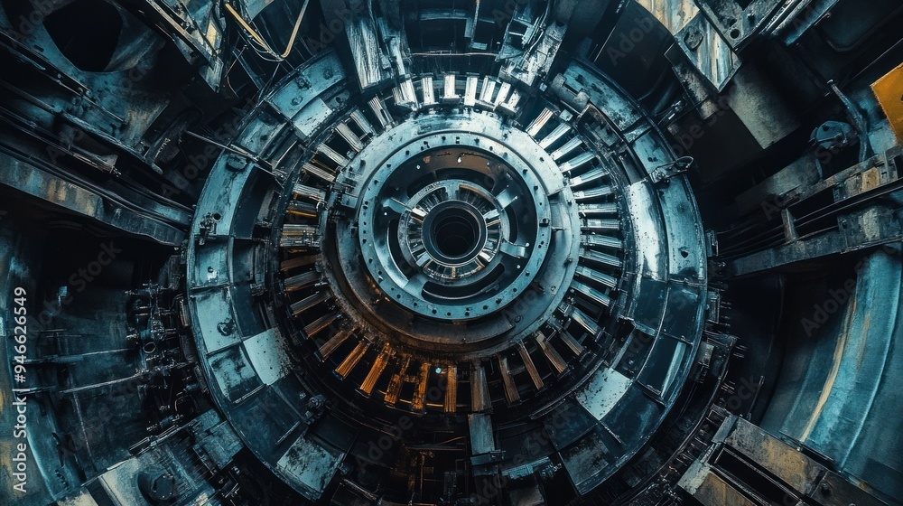 Poster a close-up view of a large industrial machine's internal structure