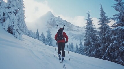 A skier ascends a snowy mountain trail surrounded by pine trees on a bright winter day in the mountains