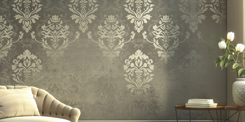 A patterned wallpaper in subtle shades of gray and beige, creating a sophisticated and understated background for an elegant living room.