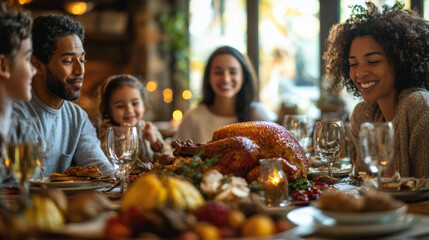 A Thanksgiving table filled with festive dishes, with a beautifully roasted turkey at the center, surrounded by family members enjoying the holiday meal.