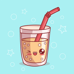 Cute glass of lemonade with bubbles and straw. Funny cartoon kawaii character drink. Kids collection. Vector illustration