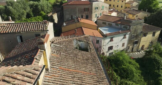 Abandoned Building In The Historic Town Of Lorenzana, Italy. Aerial Shot