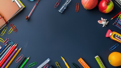 rray of school items on a navy background, offering a clean space on the right for text or logos