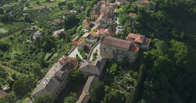 Parrocchia di San Bartolomeo Apostolo Catholic Church In Lorenzana, Italy. Aerial Shot