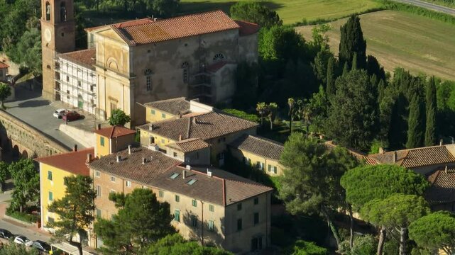 Aerial View Of Piazza della Chiesa In Crespina Lorenzana City, Province of Pisa In Tuscany, Italy.