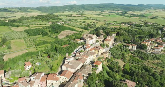 Lorenzana Hamlet With Countryside Surroundings In Pisa, Italy. Aerial Shot