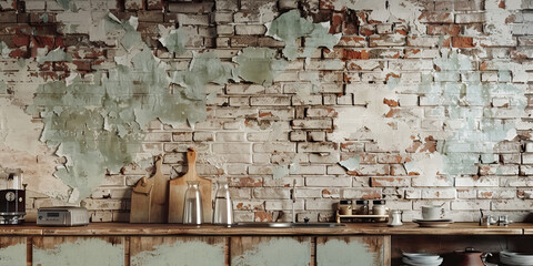 A distressed brick wall with layers of paint peeling off, adding character and age to an industrial-chic kitchen.