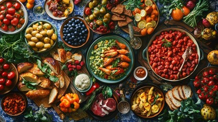 Fototapeta premium A Table Spread of Diverse Food Dishes with Herbs and Vegetables