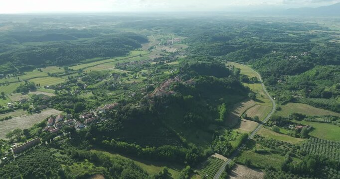 Scenic Aerial Of Countryside Hamlet Of Lorenzana In Crespina Lorenzana, Pisa, Tuscany, Italy.