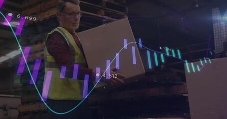 Carrying box in warehouse, worker with stock market data animation over - Powered by Adobe