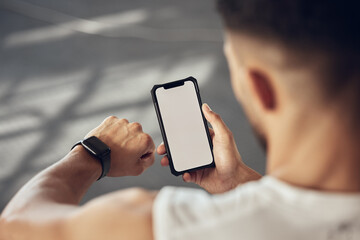 Man, fitness and checking with phone screen or smartwatch for tracking, performance or progress at...