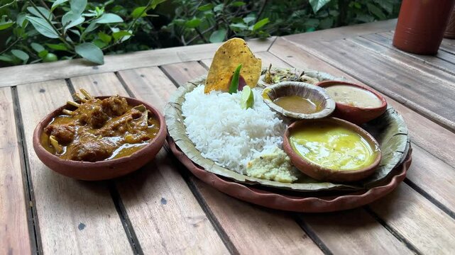 Bengali thali with rice, lentils, curd, papad and mutton curry served in a restaurant in Kolkata, India.