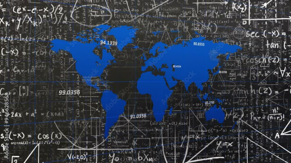 Poster Animating world map coordinates over mathematical equations and graphs background