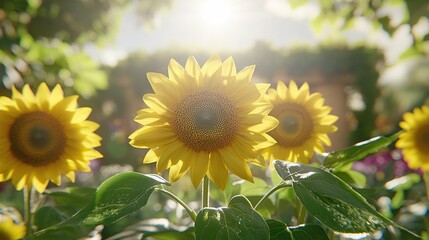 Obraz premium A field full of sunflowers bathed in sunlight through their leaves