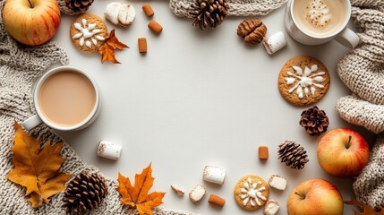 Frame of autumn vibes concept with warm cozy items, autumn leaves, coffee cups, small marshmallows, cookies, apples, pinecones and knitted blanket on flat light background