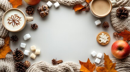 Frame of autumn vibes concept with warm cozy items, autumn leaves, coffee cups, small marshmallows, cookies, apples, pinecones and knitted blanket on flat light background
