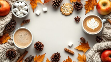 Frame of autumn vibes concept with warm cozy items, autumn leaves, coffee cups, small marshmallows, cookies, apples, pinecones and knitted blanket on flat light background