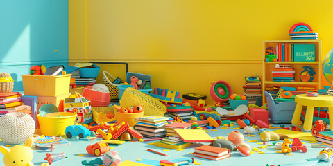 Naklejka premium A colorful array of toys and books scattered across the floor, creating a whimsical, yet disorganized atmosphere. With a pop of yellow and blue throughout.