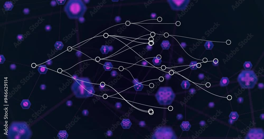 Poster network connections and data flow animation over dark background with purple nodes