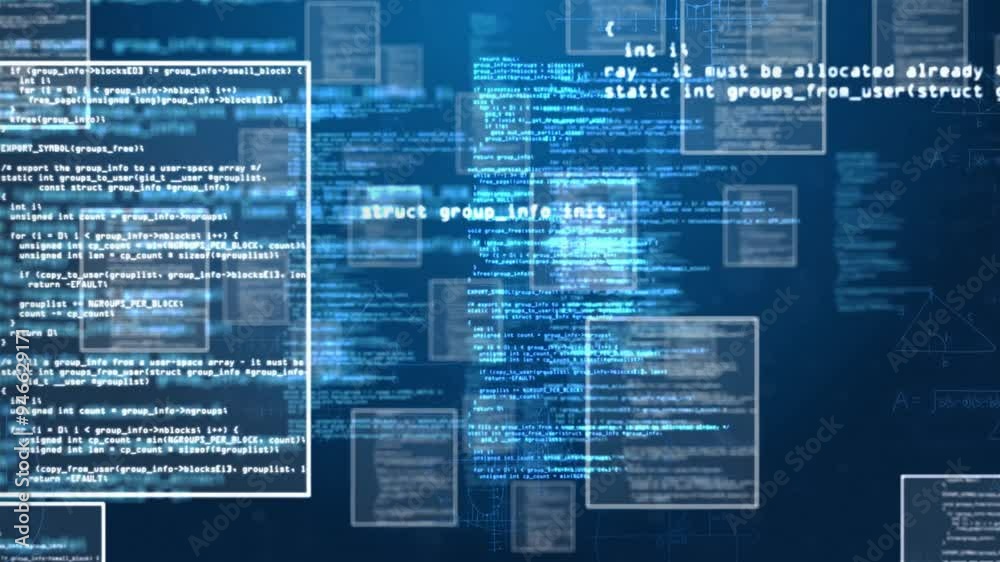 Poster programming code and data processing animation over blue digital background