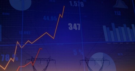 Stock market data animation over power lines and electrical grid - Powered by Adobe
