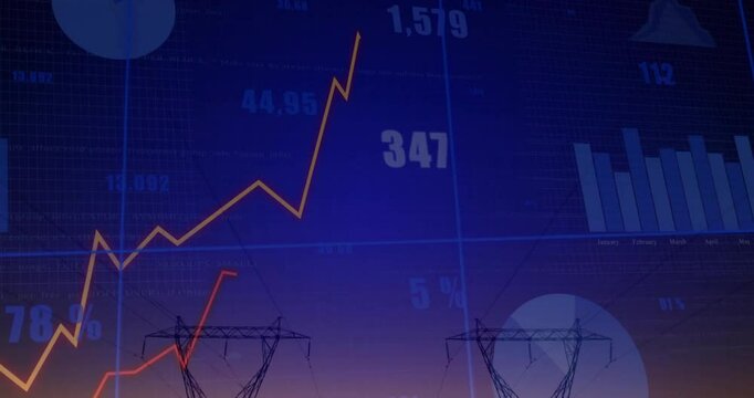Stock market data animation over power lines and electrical grid